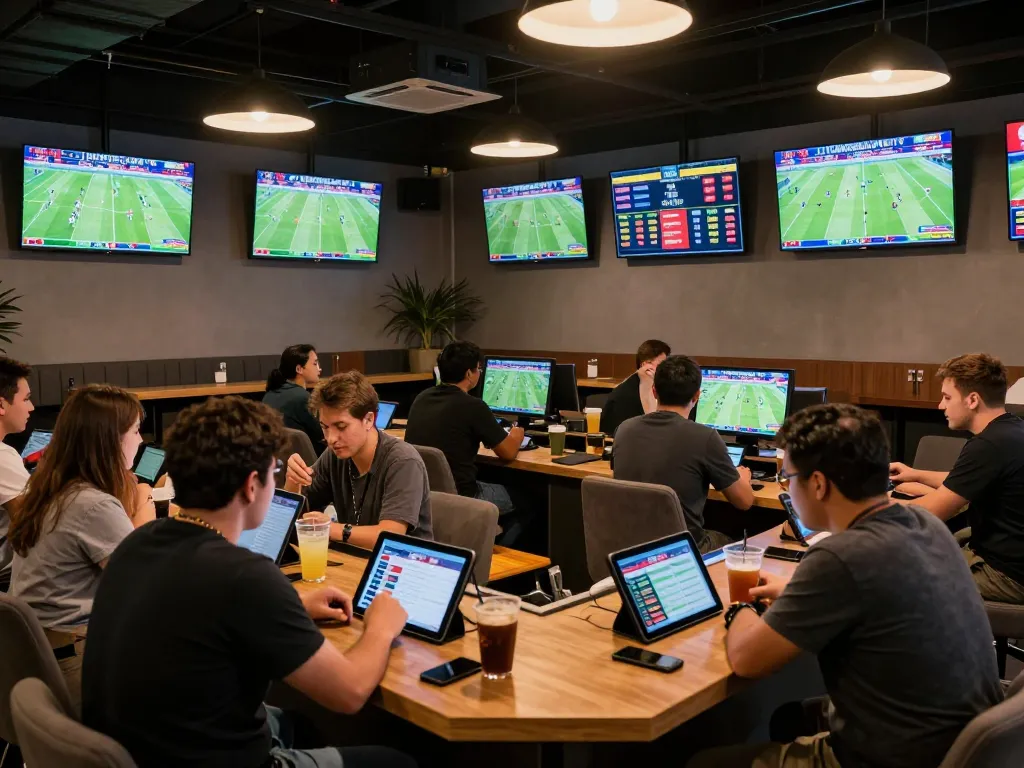Soi Kèo betting enthusiasts analyzing odds during a live sports event in a modern lounge