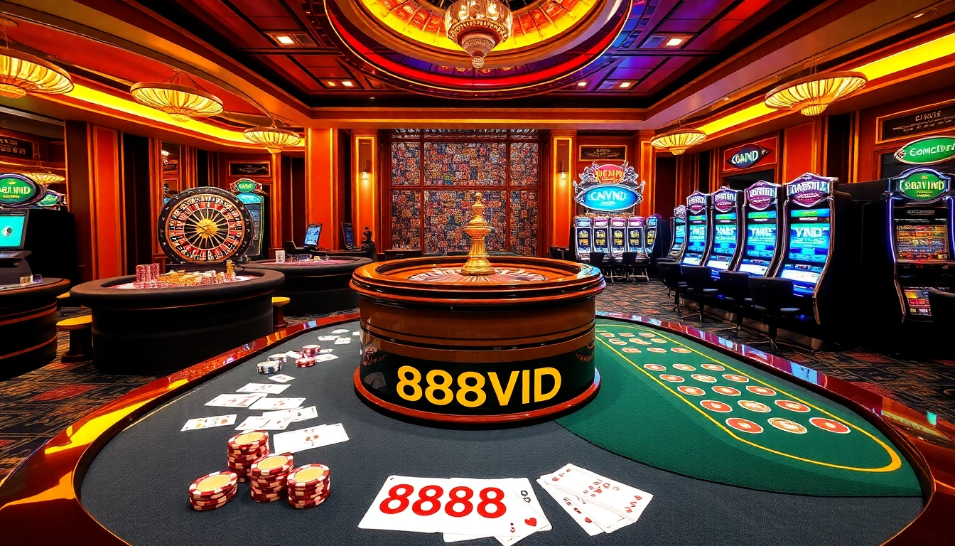 Players enjoying games at 888VND casino table, showcasing excitement and luxury in gambling.
