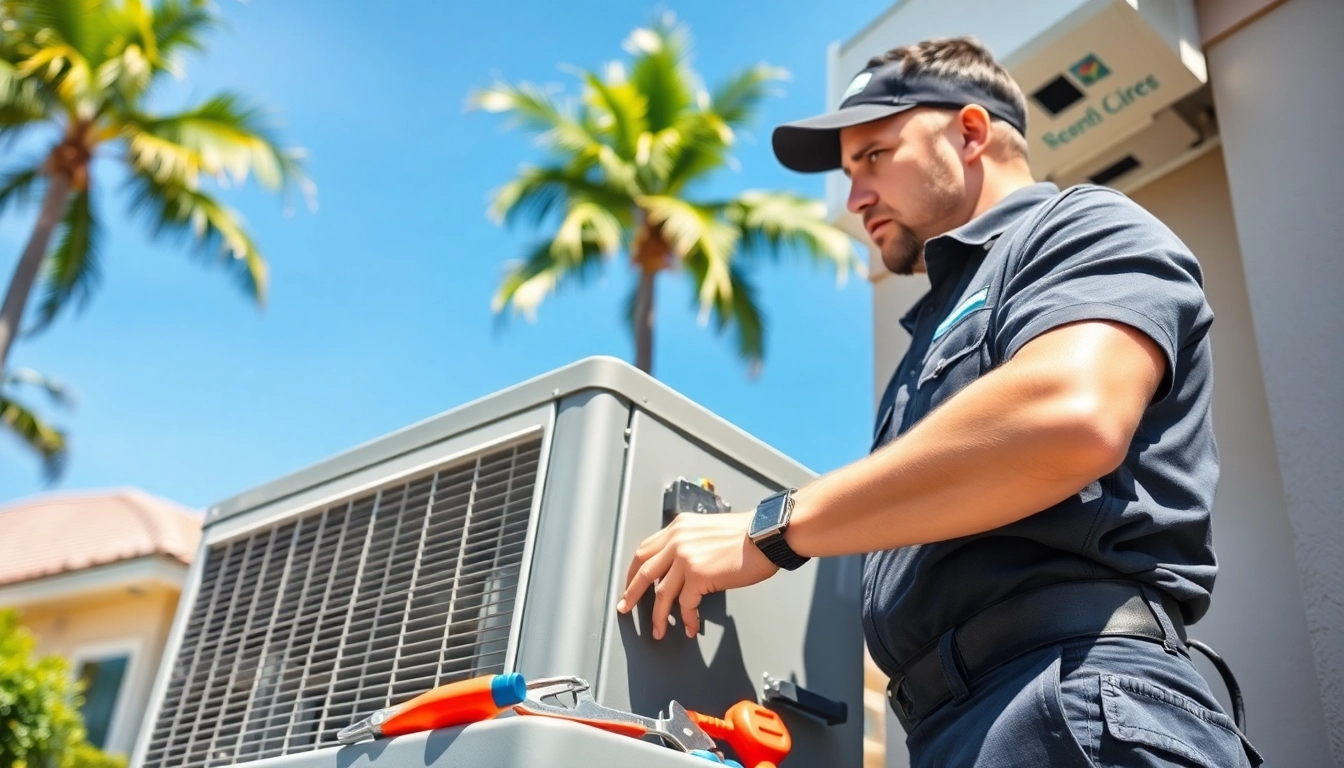 HVAC Repair Tampa: Technician repairing an outdoor AC unit in a sunny Tampa neighborhood.