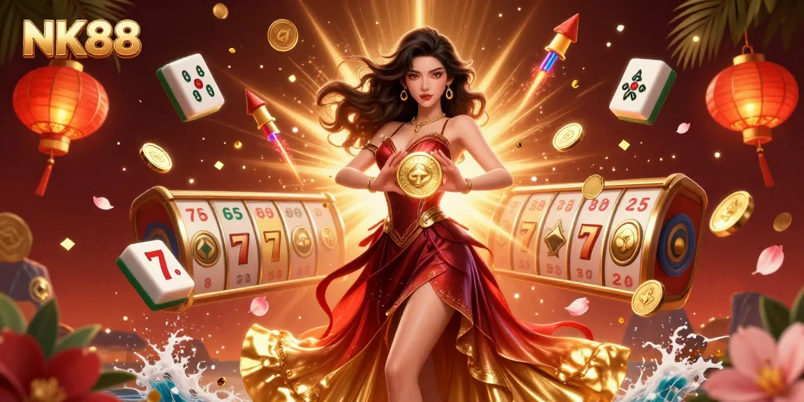 Win big at NK88 with stunning visuals of the Asian-themed casino experience featuring golden coins and vibrant gaming elements.