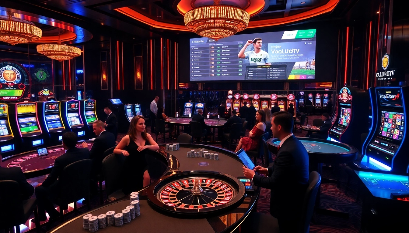 Experience exciting gameplay on vaoluoitv at a luxurious casino filled with vibrant slot machines.