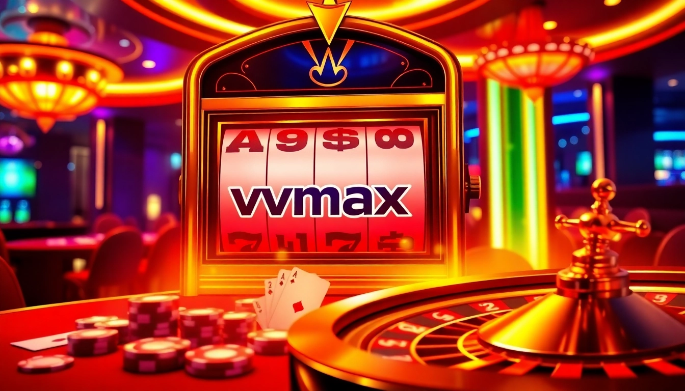 Nổ hũ vmax slot machine amid a luxurious casino scene, reflecting excitement and the thrill of winning.