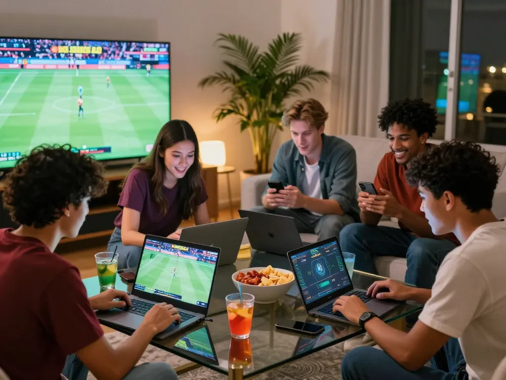 Friends engaging with Link W88 on laptops and smartphones in a lively gaming atmosphere.