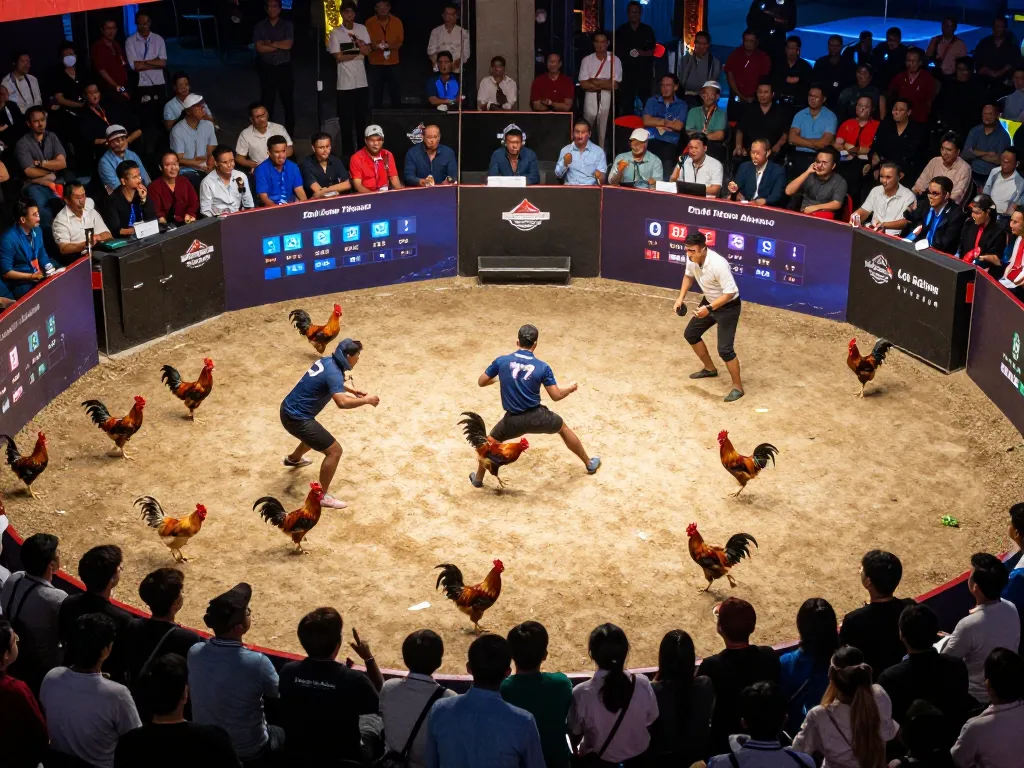 Exciting Đá Gà Thomo match featuring live commentary, capturing the intense atmosphere of cockfighting.
