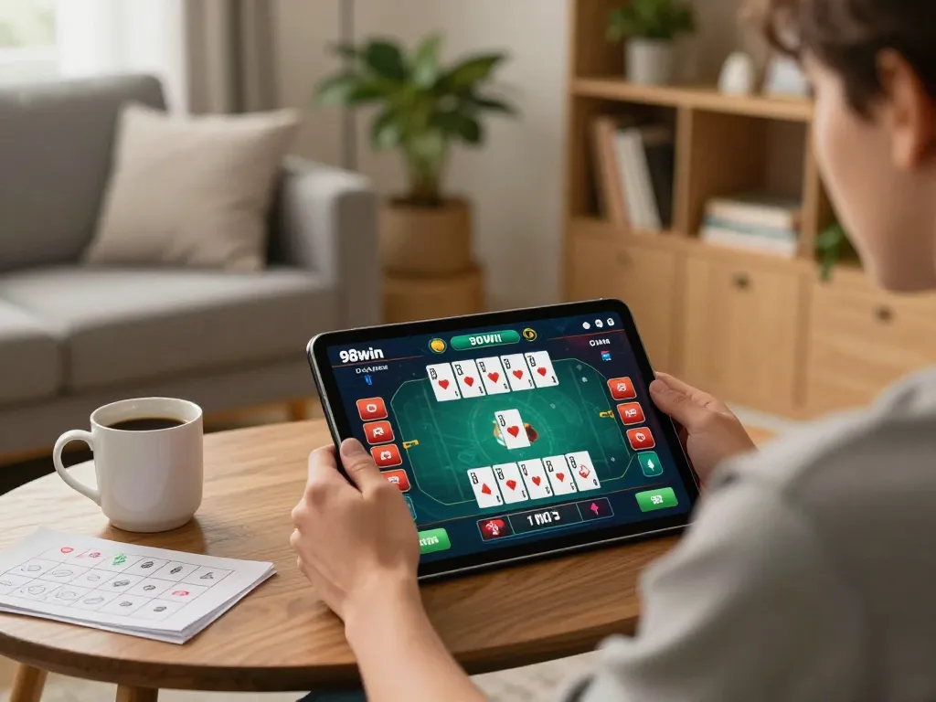 Engaging player enjoying the game 98win on a tablet in a cozy home setup, highlighting interactive gaming.