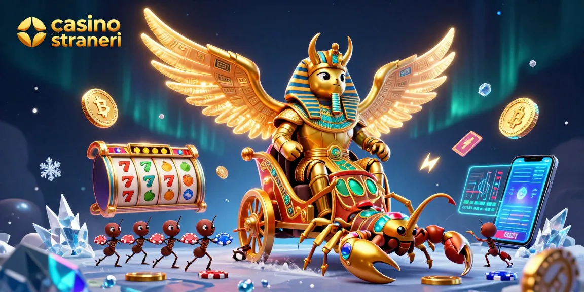 Scopri i migliori casinò online stranieri con l'illustrazione 3D di uno scarabeo dorato e simboli di gioco.