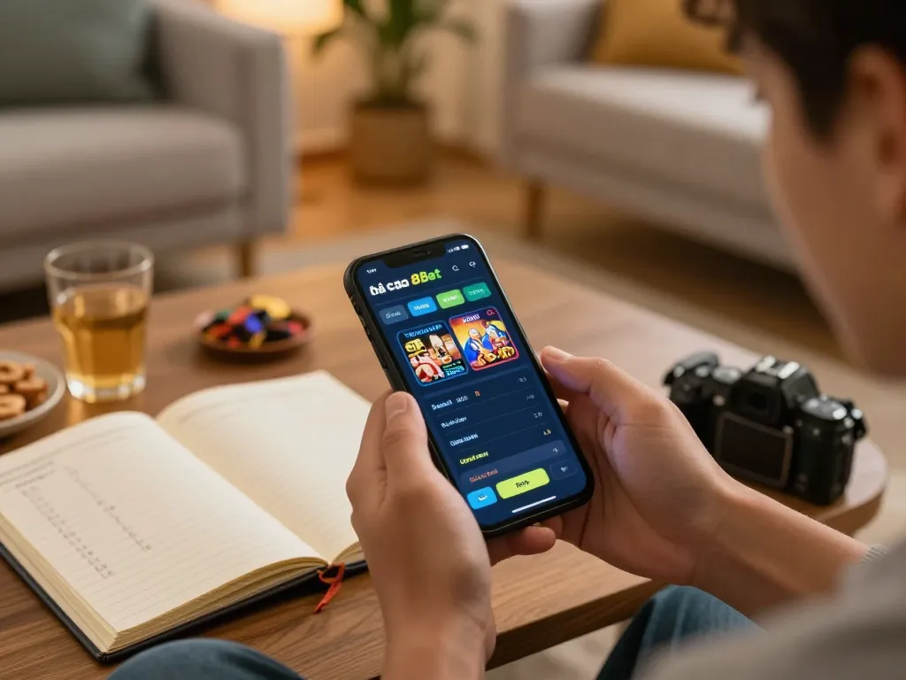 Engaged player using the nhà cái 8xbet app for online gambling in a cozy setting.
