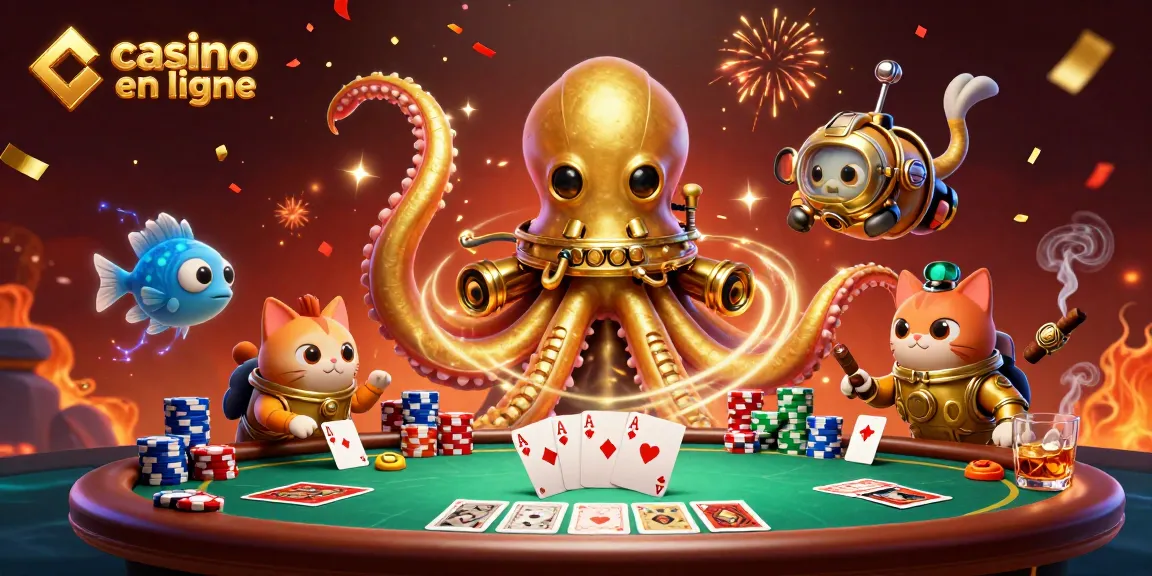Jouez au casino en ligne avec des jeux animés et des décorations festives autour d'un kraken et d'un chat plongeur.