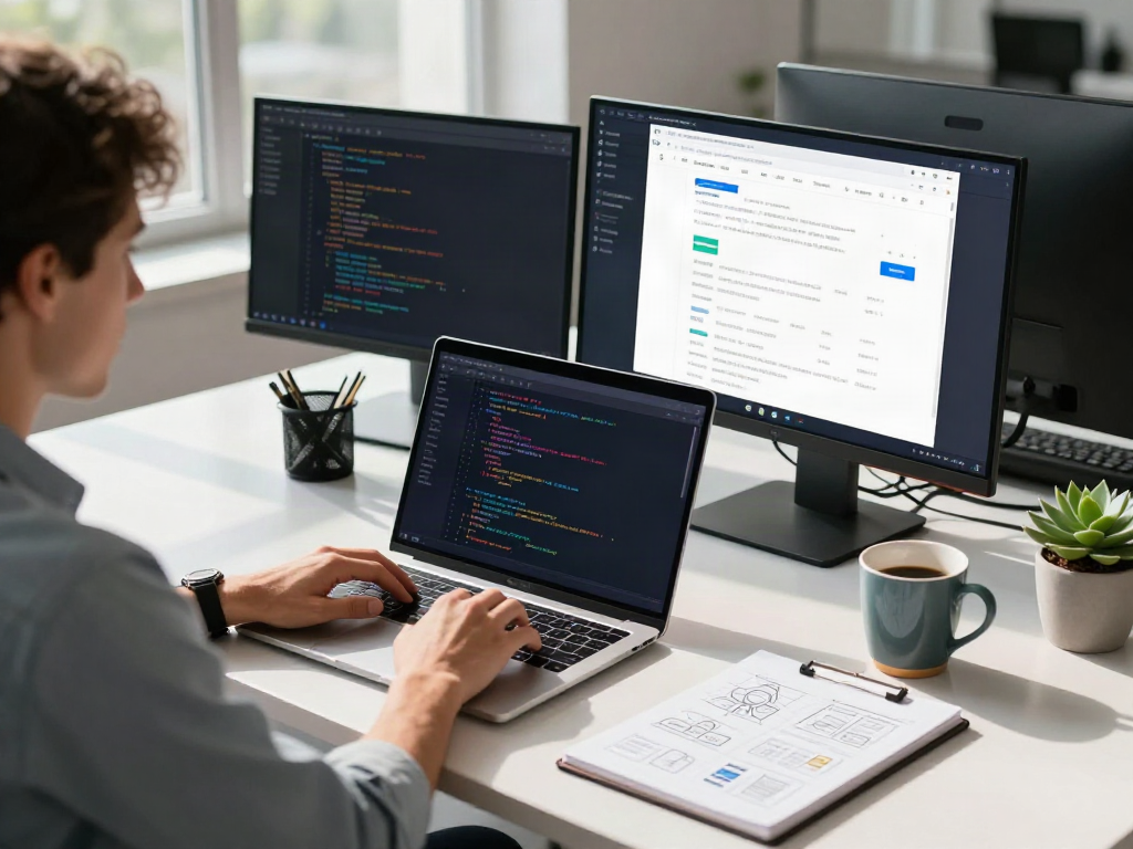 Brave browser features being developed in a modern tech workspace.