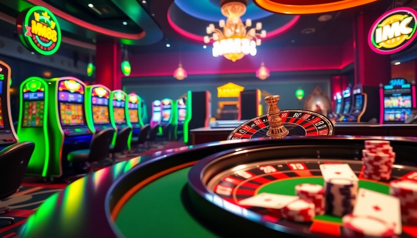 MM88 casino experience showcasing vibrant roulette wheel and poker table.