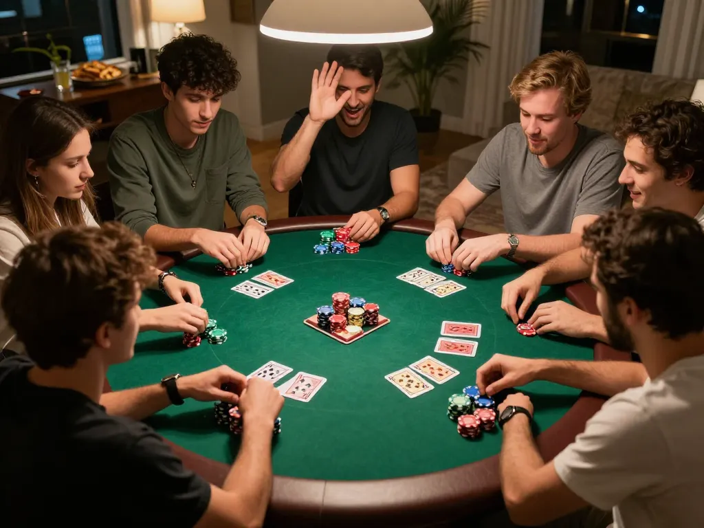 Xoilac home poker game showcasing exciting gameplay and social interaction among friends with chips and cards