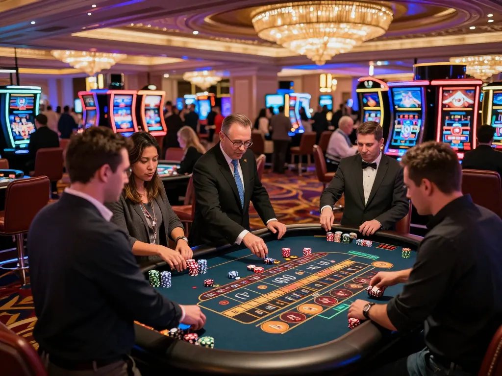 Players enjoying the thrilling experience at hnoslara bakery-themed roulette table, vibrant casino atmosphere
