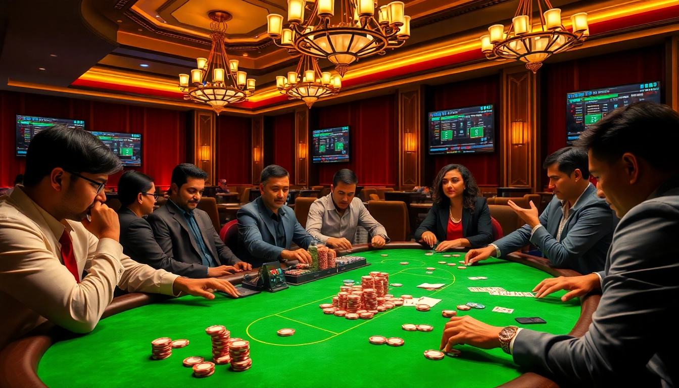 Engaged players enjoy idn poker in a luxurious online casino setting, showcasing excitement and strategy.