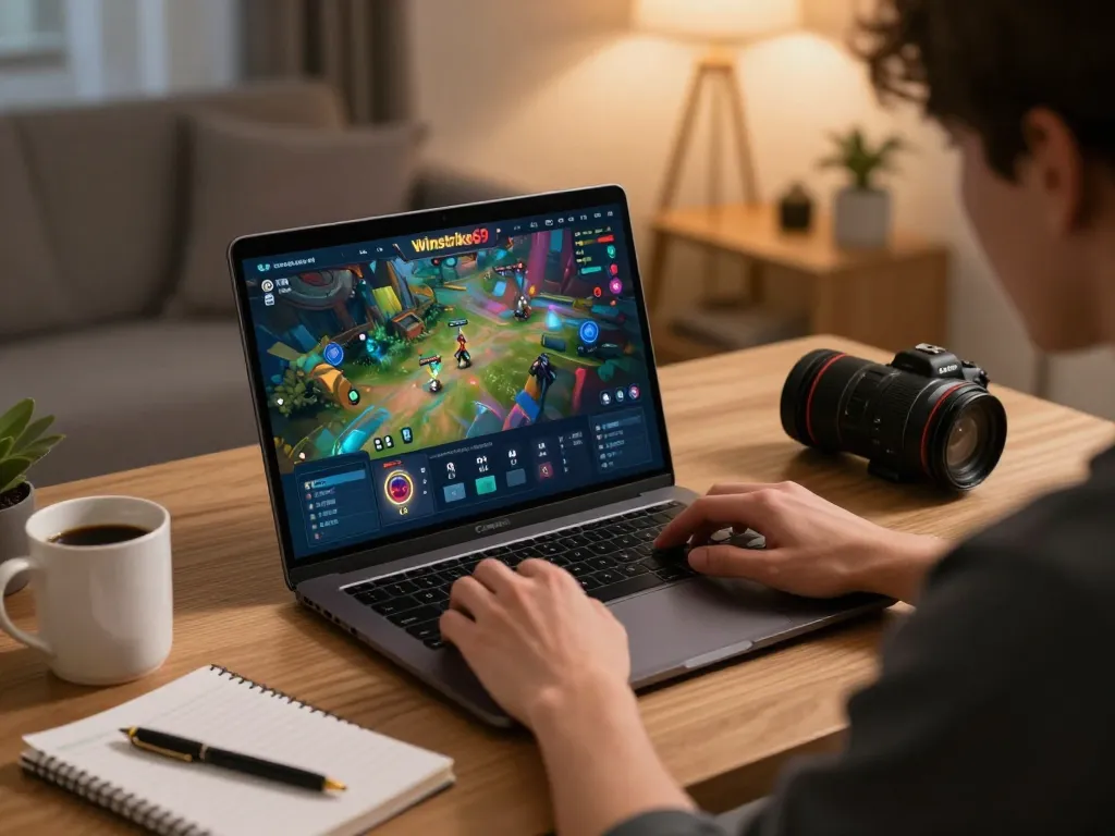 Engaged player on winstrike69 platform analyzing strategies at home gaming setup.