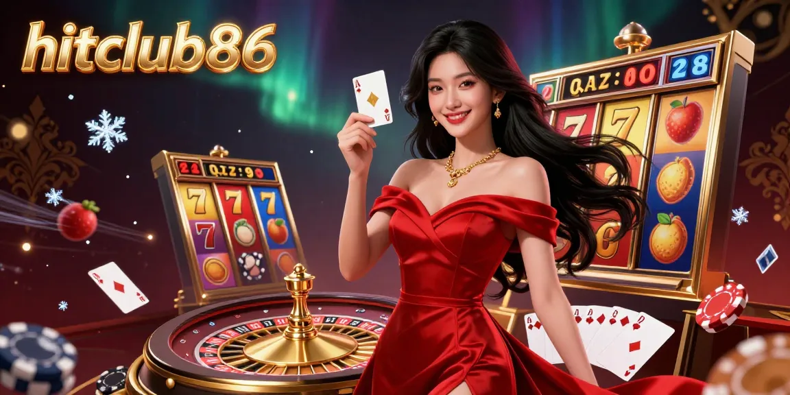 Experience thrilling gameplay at hitclub86 with a beautiful dealer beside a golden roulette wheel and jackpot elements.