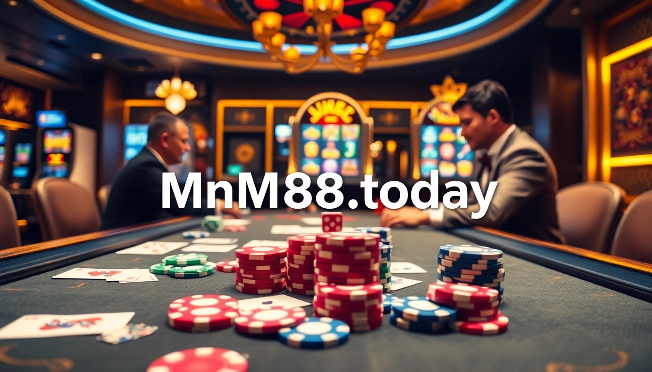 Experience thrilling gameplay at https://mm88.today/ with luxurious casino elements like poker chips and vibrant slot machines.