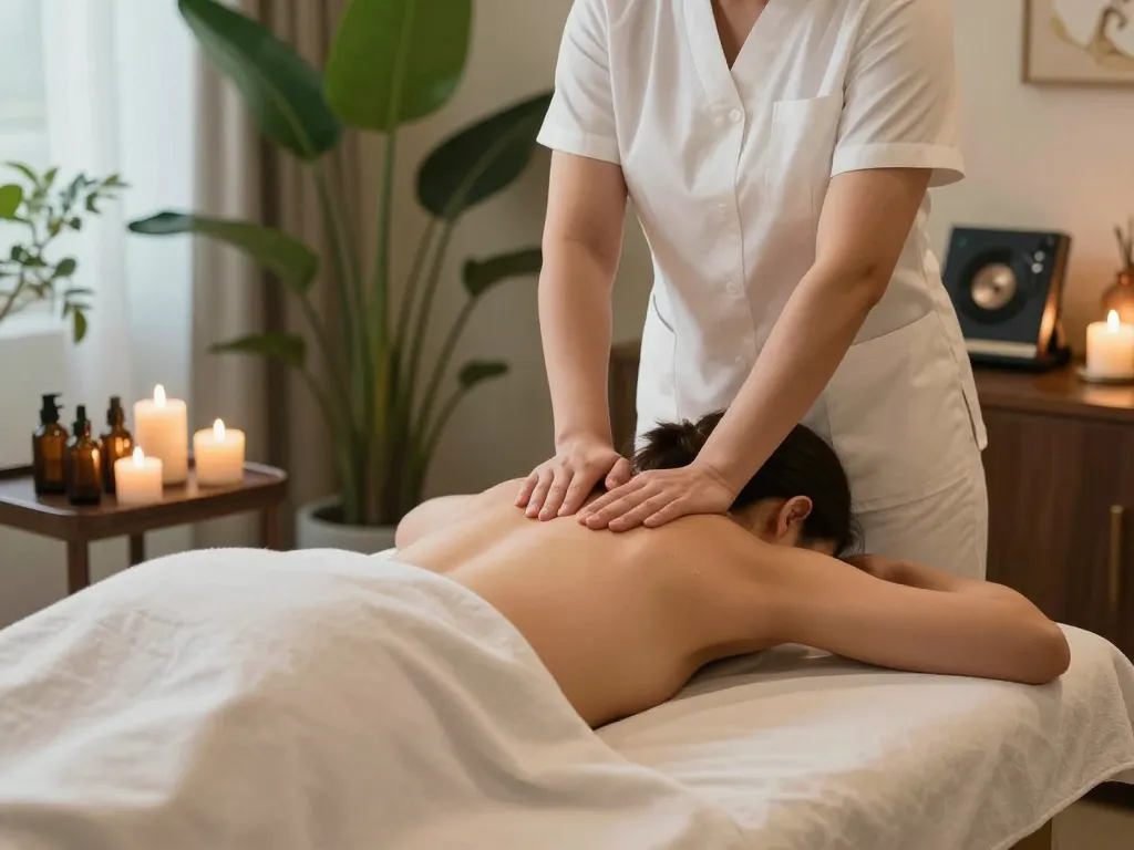 A serene 부전동마사지 scene showcasing a therapist in a peaceful spa.