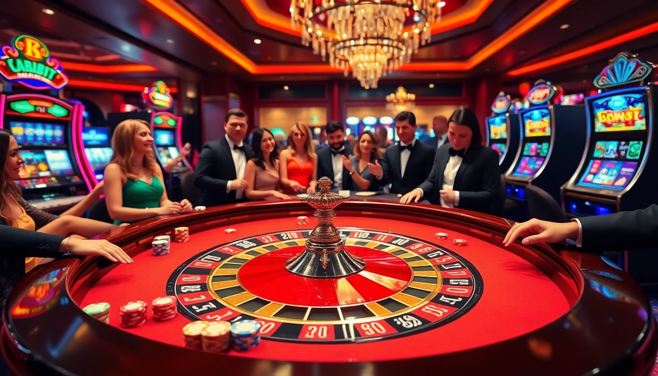 Joueurs enthousiastes à une table de roulette de casino en ligne avec des jetons de poker vibrants et une ambiance luxueuse.