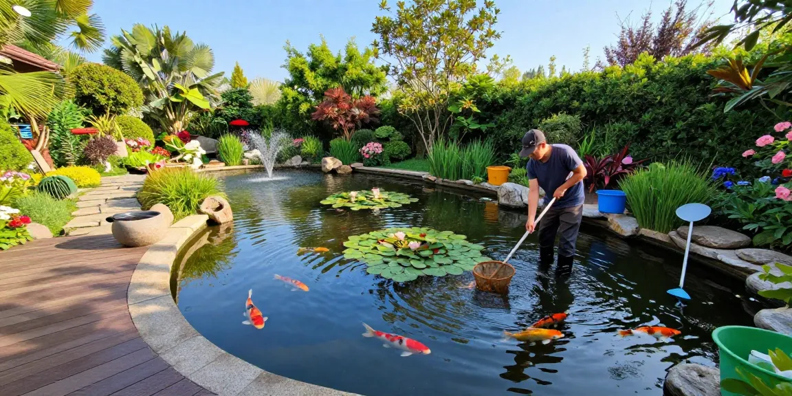 Pond cleaning guy netting debris in a serene garden pond, showcasing effective maintenance.