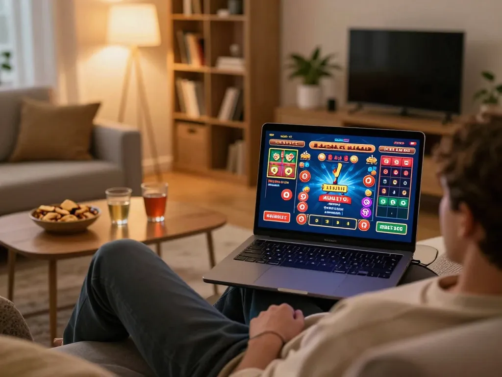Engaging in online gaming with Nk88 on a laptop in a cozy living room setting, showcasing responsible entertainment