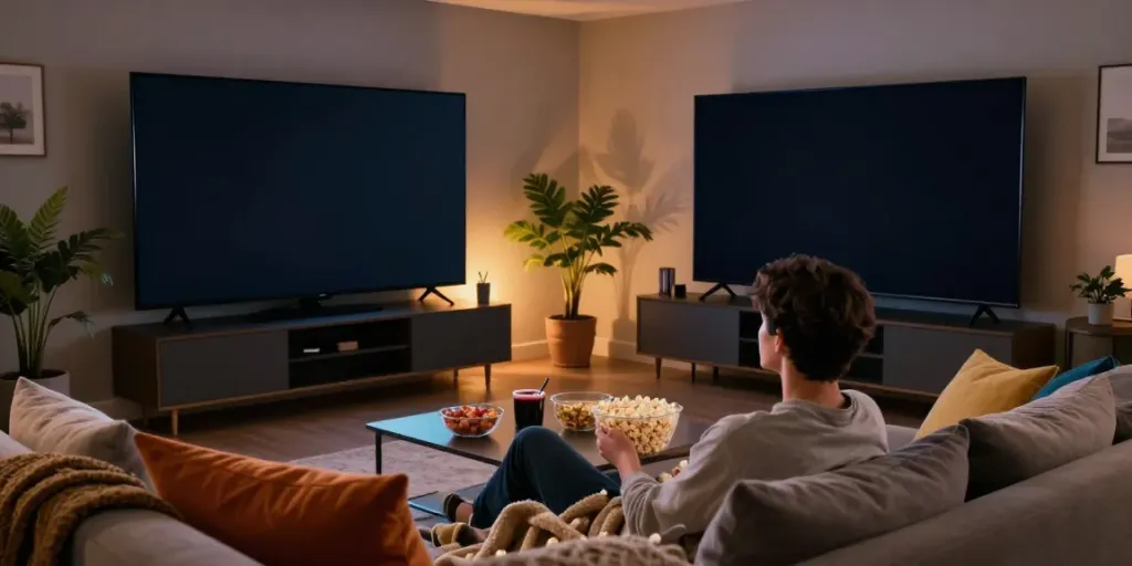 Streaming Netflix Gratis in a cozy living room setup with popcorn and popular series on screen.