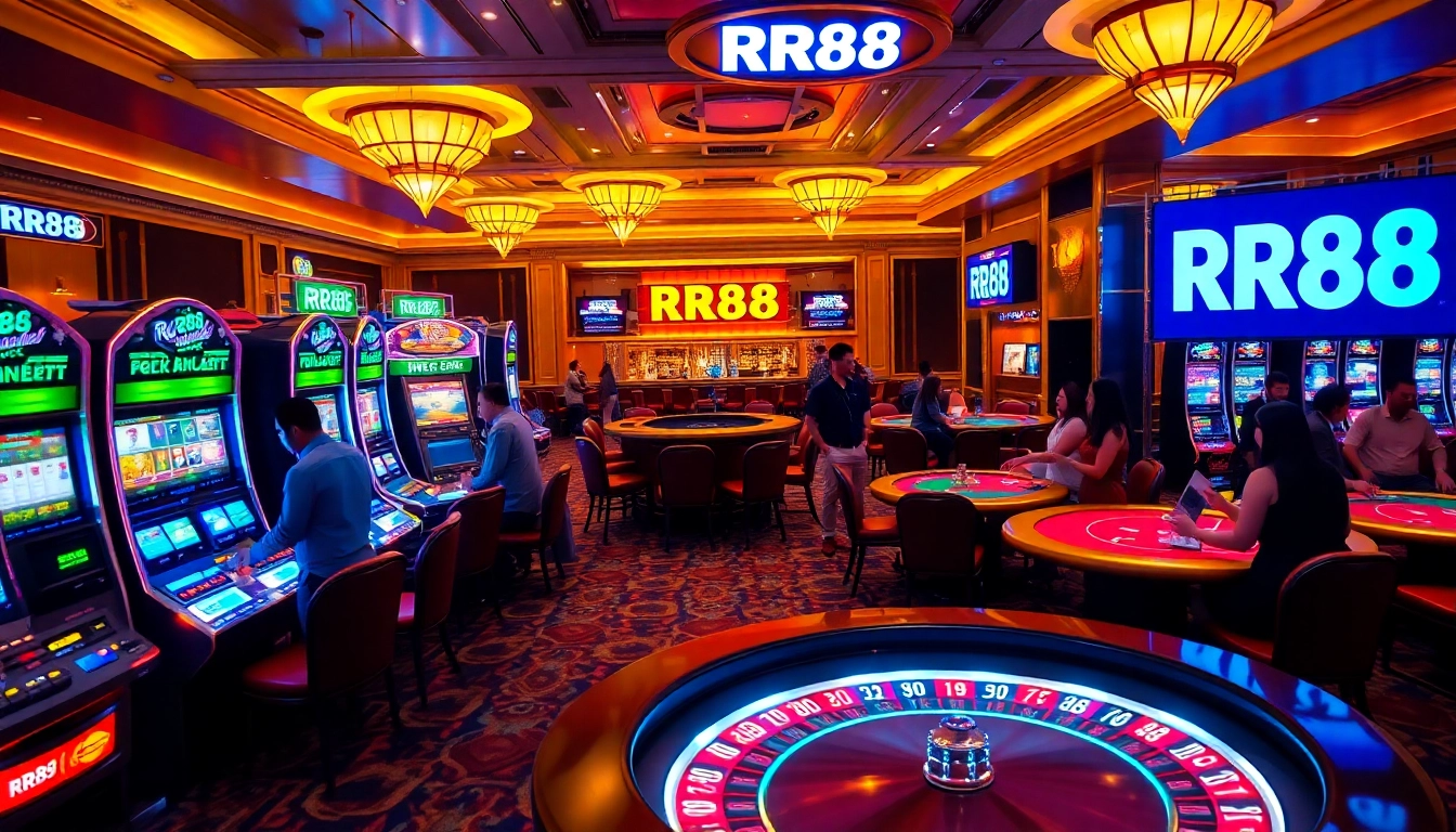 RR88 gamblers enjoy a thrilling casino experience with vibrant slot machines and poker tables.