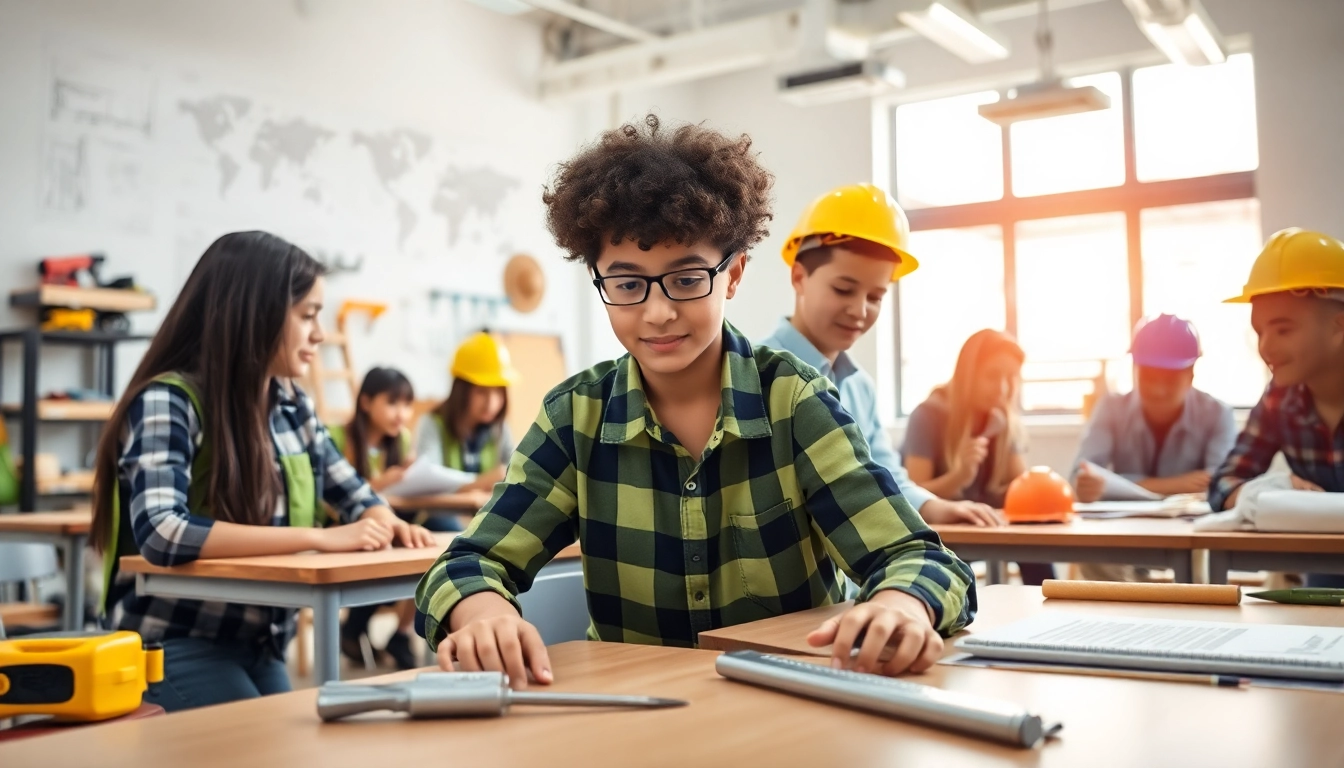 Engaging construction education classroom with students participating in hands-on activities.