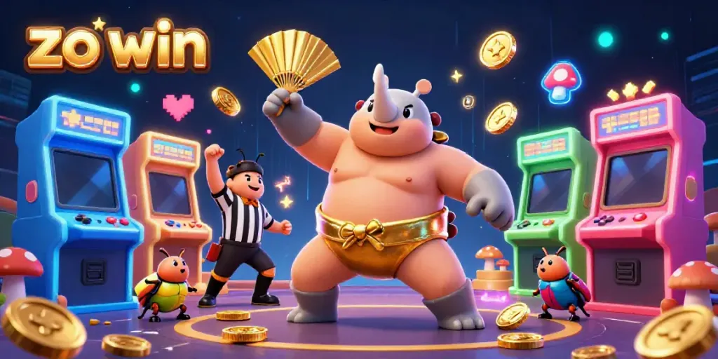 Engage with exciting gameplay at zo win featuring vibrant coins flying, a sumo champion, and dynamic game machines.