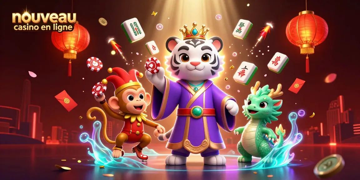 Illustration attrayante d'un nouveau casino en ligne avec un tigre, un singe jonglant et un dragon.