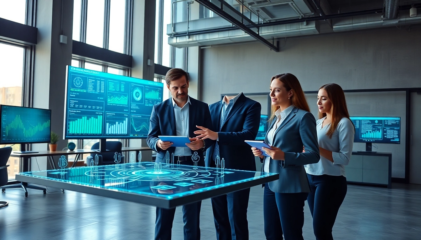 Visualize EORMC with professionals collaborating over blockchain data in a modern office.