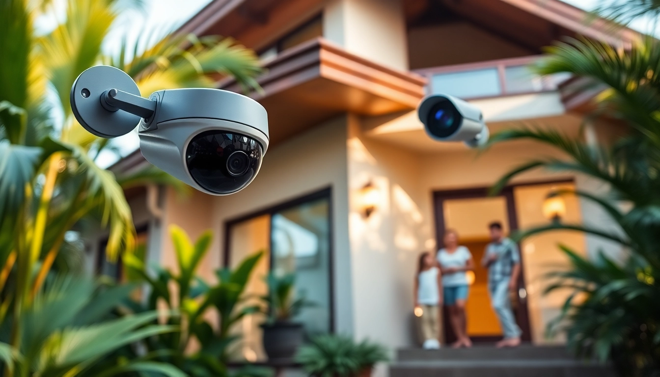 Una casa moderna equipada con cámaras de seguridad, que muestra tecnología de vigilancia avanzada en un entorno tropical.