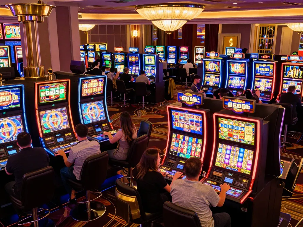 Engaged players enjoying leci123a on colorful slot machines in a vibrant casino atmosphere.