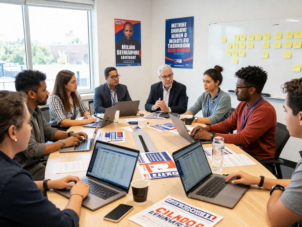 Engaged team reviewing political email marketing strategies in a modern office.