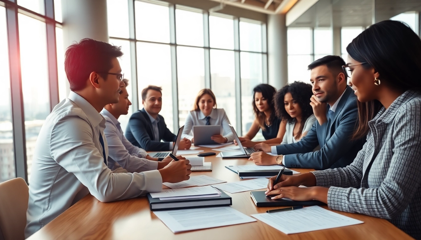 Enhancing proposal writing and management with a dynamic business meeting scene featuring diverse professionals.