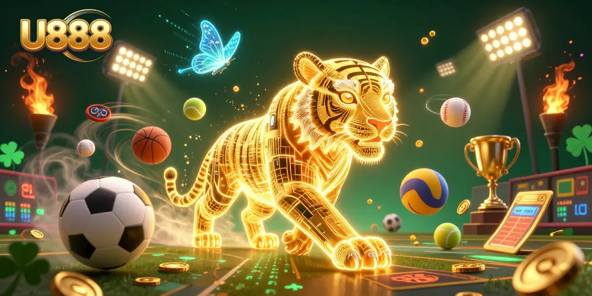 Experience thrilling gameplay at U888 with a 3D digital casino scene featuring a golden tiger and vibrant sports elements.