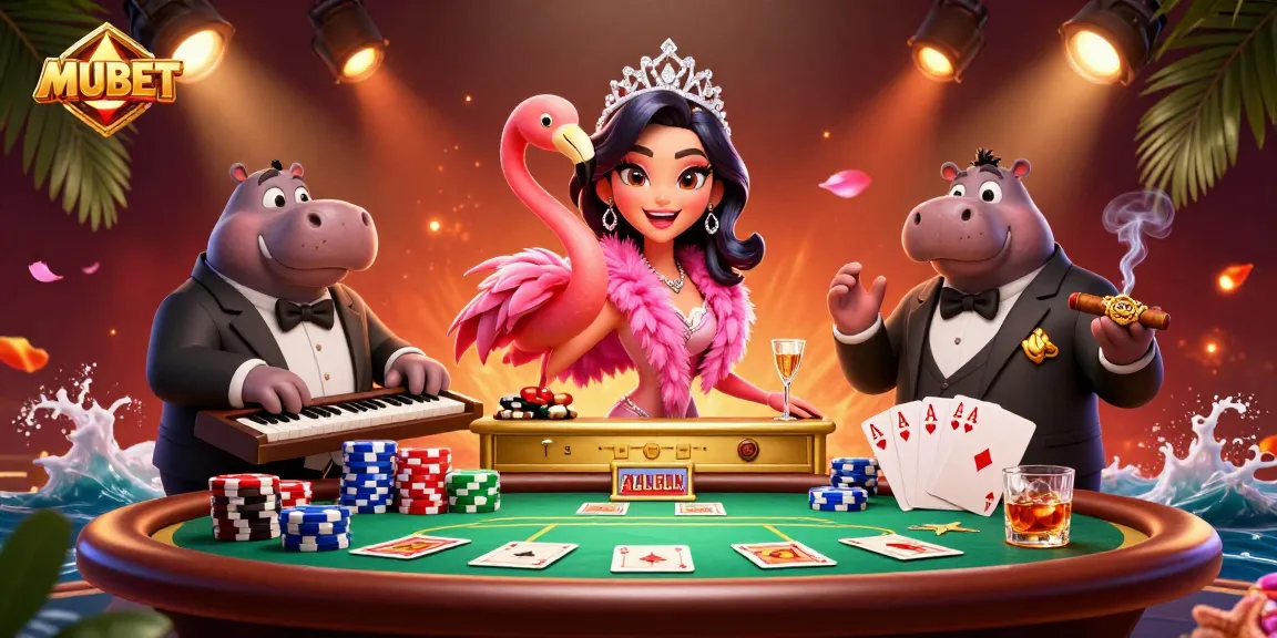 Experience the captivating MUBET casino scene with dynamic characters and vibrant gaming elements.