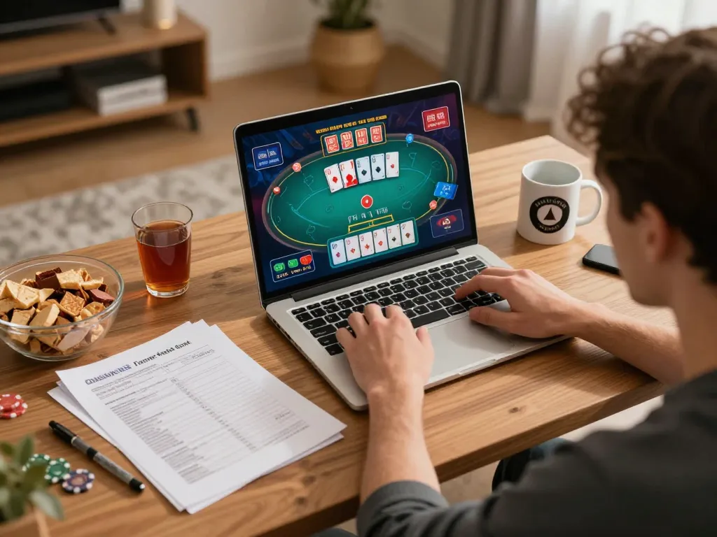 Player immersed in iWin poker session at home, dynamic gaming scene with betting strategies and lively visuals.