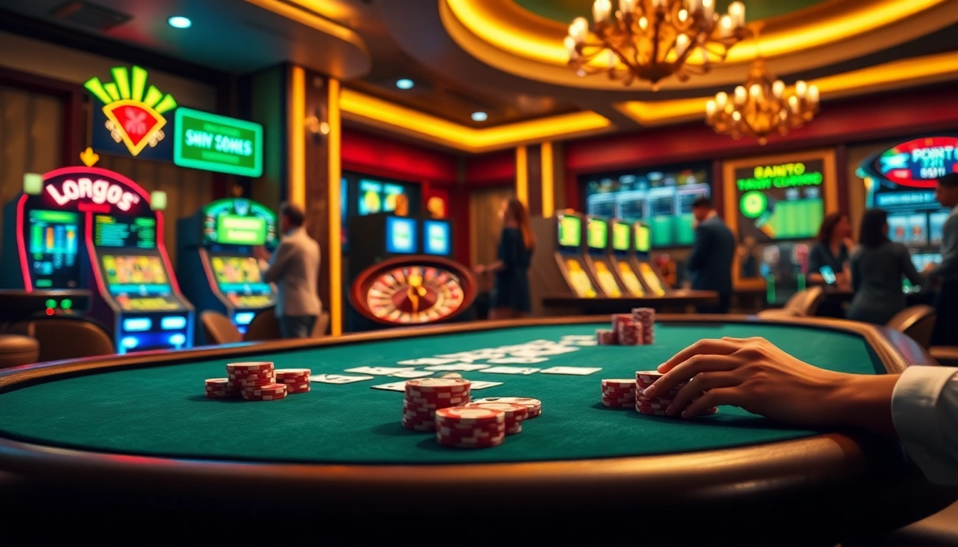 Excited players engage in thrilling games at MMOO casino table, showcasing vibrant poker chips and roulette.