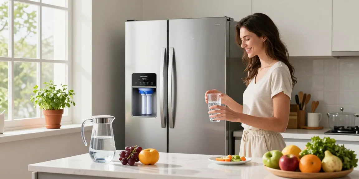 Waterspecialist ADQ73613401 Refrigerator Water Filter showcased in a modern kitchen while a woman serves fresh water.