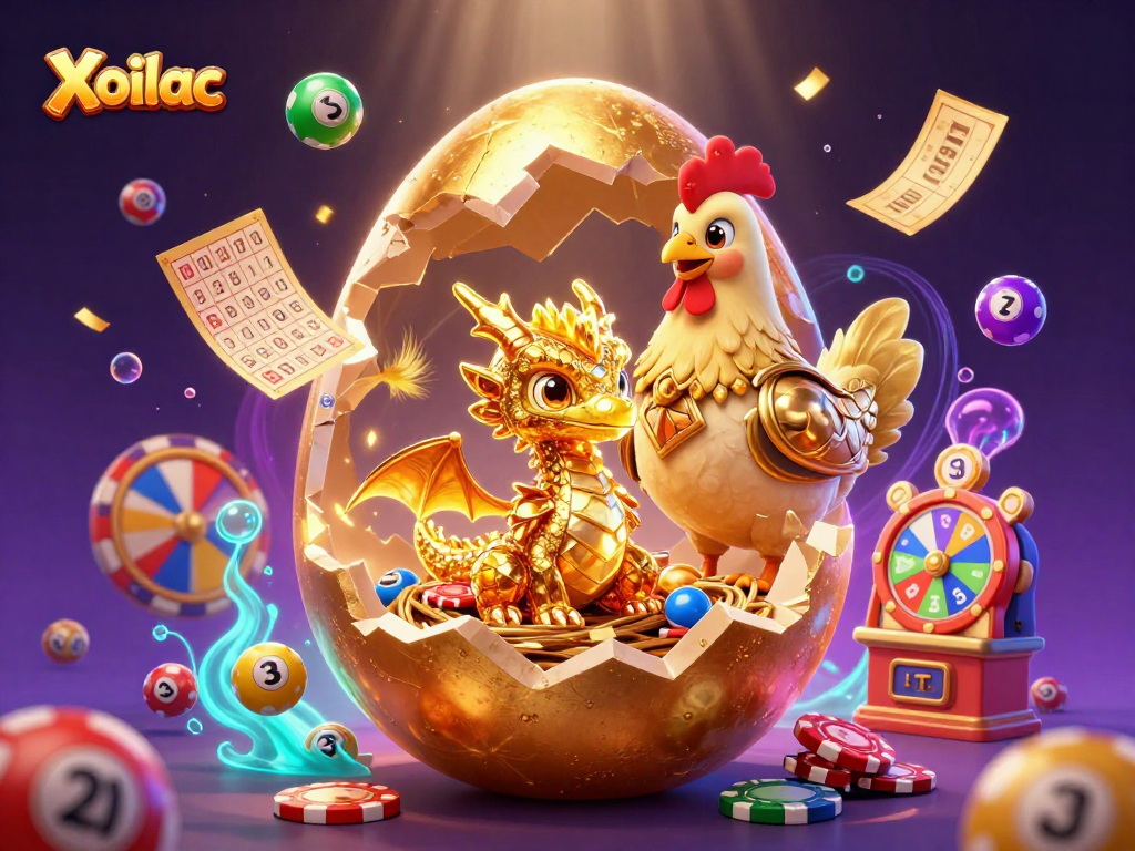 Xoilac showcases an enchanting scene with a golden dragon and poker chips amidst colorful lottery elements.