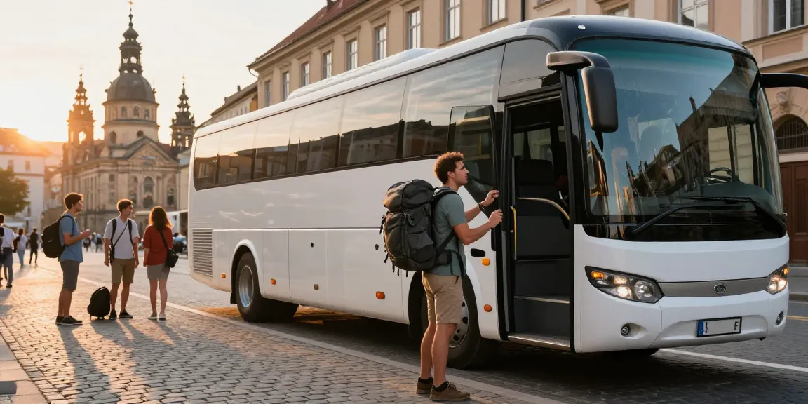 Transport persoane Moldova Europa - Călător pregătit de plecare lângă un autocar modern în orașul istoric.
