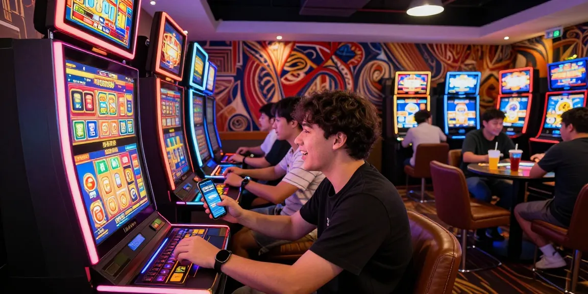 Excited player interacting with rokok88 rtp app in a vibrant gaming room