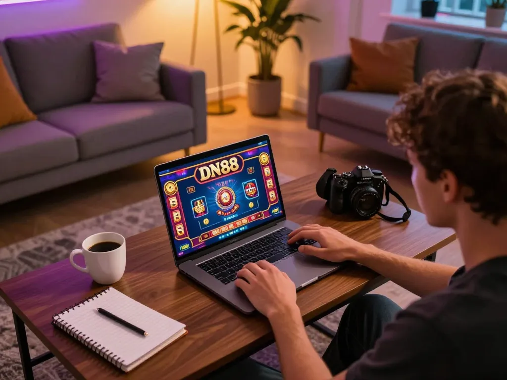 Engaging gameplay on DN88 casino platform with vibrant visuals in a cozy home setting.