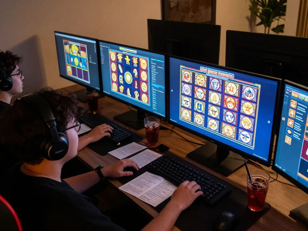 Playing slot gacor maxwin online at home with multiple screens showcasing exciting games