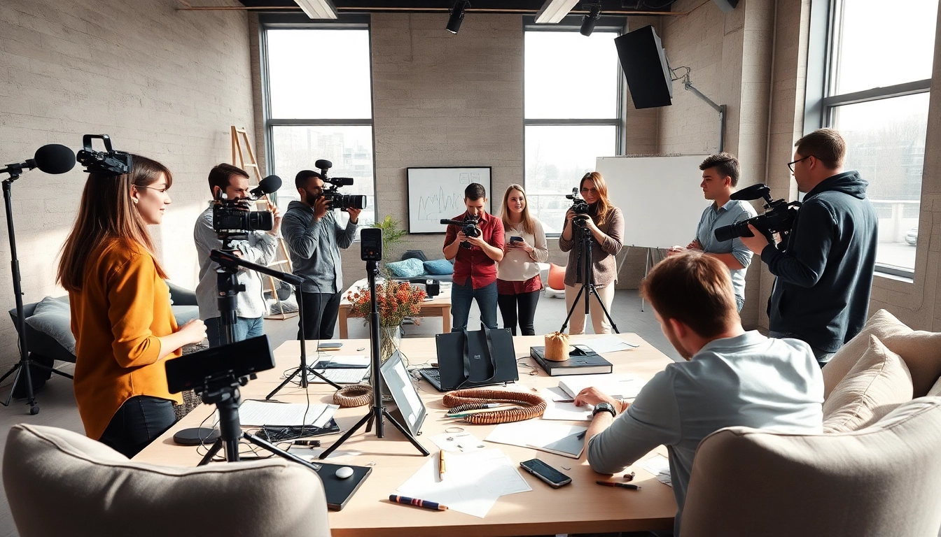 Filmmakers collaborating in a bright studio for video production edmonton project.