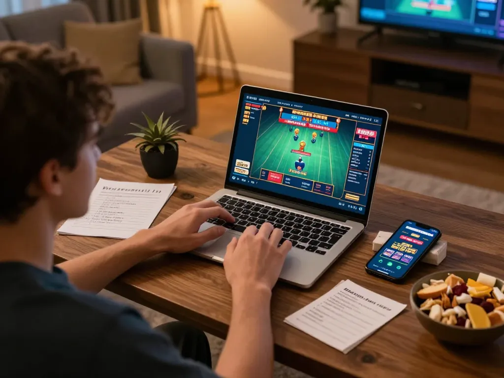 Engaged player at home using laptop for nhà cái uy tín, highlighting strategy and responsible gaming.