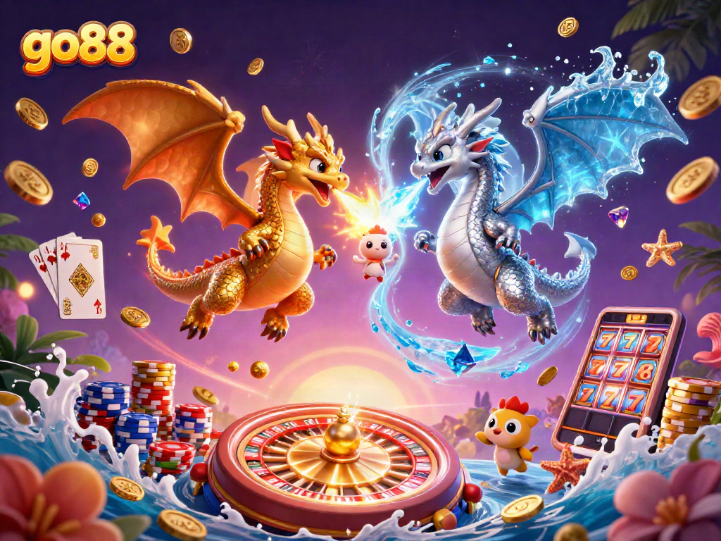 Experience thrilling gameplay with go88's vibrant illustrated scene of dragons, coins, and casino elements.