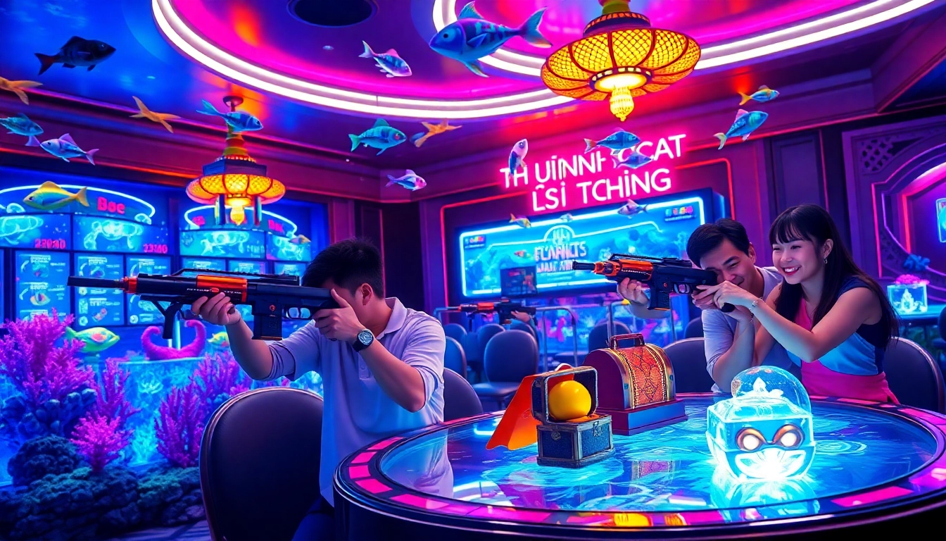Excited players engaging in bắn cá đổi thưởng at a colorful underwater casino table, showcasing the thrill of catching fish for real rewards.