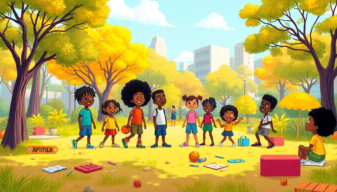 Diverse animated characters celebrating African American Cartoons in a lively park setting.