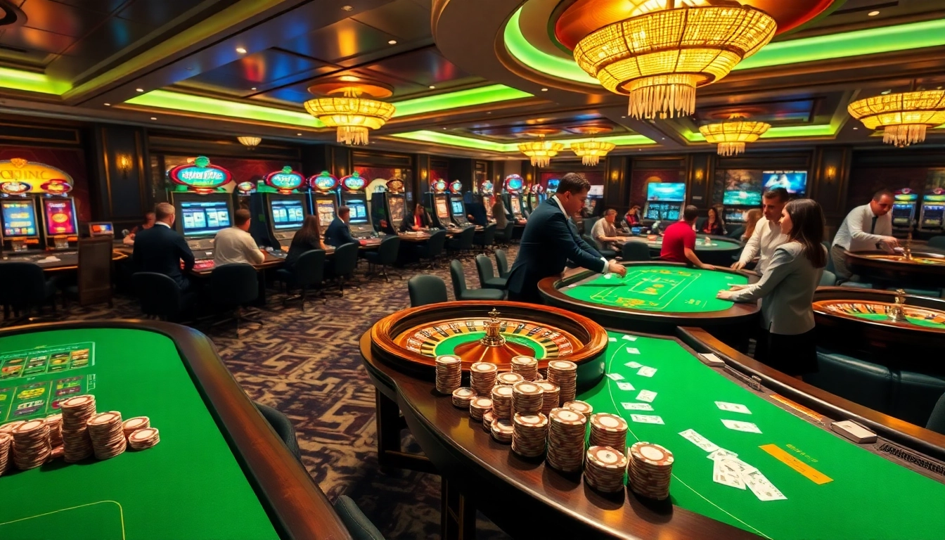 Players enjoying the thrilling atmosphere of luongson171tv's casino games with vibrant poker chips and wheels.